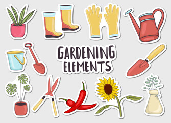 Colorful Hand Drawn Gardening Elements Stickers Collection