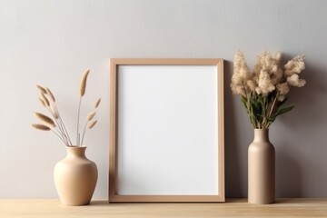 AI Generated Empty wooden picture frame mockup in home interior design background