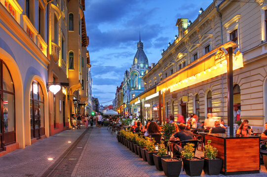 Pedestrian street at night in Oradea, Romania