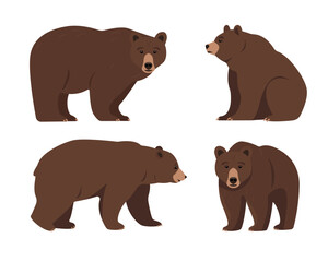 Set of bears in different poses. Wild brown Bear animal icons isolated on white background. Grizzly bear standing, sitting and walking. Vector illustration.
