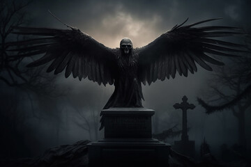 Fototapeta premium Skeleton with large raven wings outstretched perched on tombstone dark fantasy foggy moonlit,Generative AI