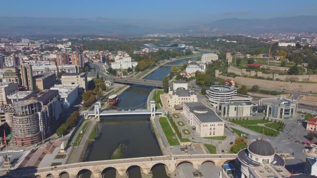 Skopje aerial, Republic of North Macedonia. Vardar river, Stone bridge