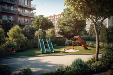 AI Generated Hyperrealism playground view with garden background