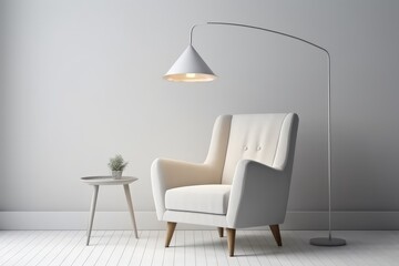 Fototapeta na wymiar minimal interior with white soft chair and lamp, AI Generated