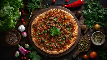 Lahmacun with minced lamb and beef on a thin dough with vegetables and herbs, horizontal showcase. Wooden table, top view, flat lay, AI generated.