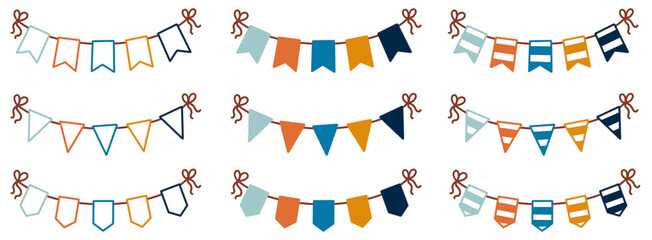 Happy birthday party flag bunting collection vector illustration set blue yellow orange colors gender reveal boy baby shower celebration greetings card icon design welcome sign