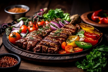 Traditional Turkish mens dish of grilled vegetables and kebab, dish close-up. Useful healthy food with a traditional diet. AI generated