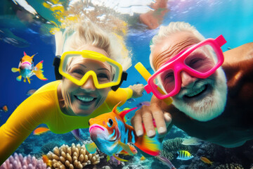 happy elderly couple snorkeling in a wonderful coral reef, generative ai
