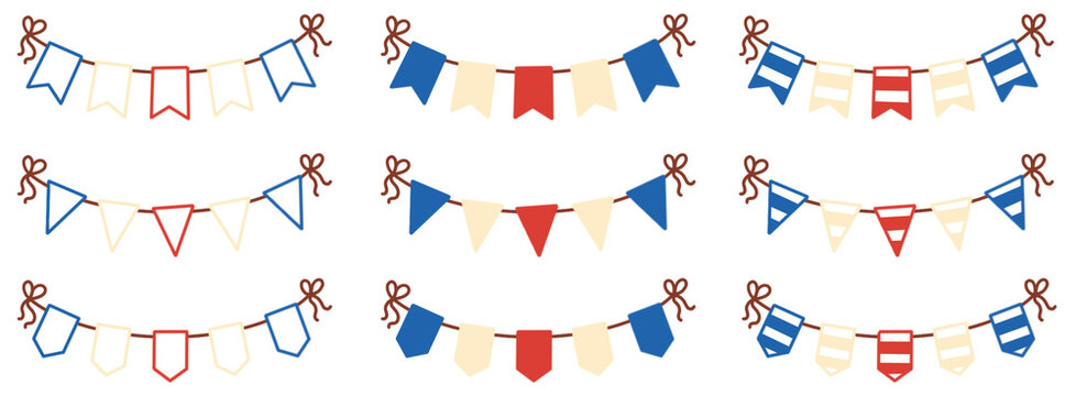 Happy birthday party flag bunting collection vector illustration set red white blue colors 4th July Union Jack American flag French UK coronation celebration greetings card icon design welcome sign
