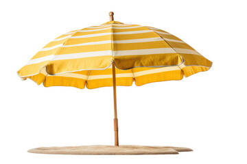 Open Yellow Striped Beach Umbrella. Isolated cutout with transparent PNG background. Generative AI. - obrazy, fototapety, plakaty
