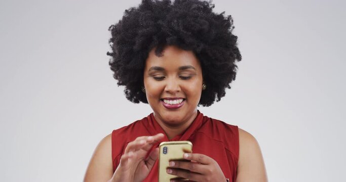 Face, phone and black woman reading blog, social media or news feed or internet search, online article or communication. Person, smartphone or funny meme, app notification or typing message mockup