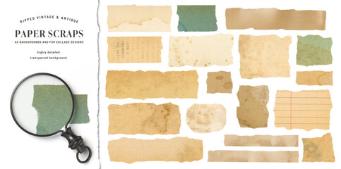 set / collection of vintage and antique stained ripped paper scraps or pieces isolated against a transparent background, ideal for digital collage designs or base for text, grungy design elements, PNG - Powered by Adobe