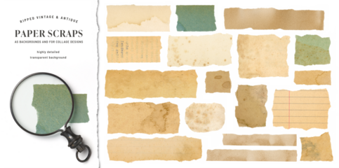 set / collection of vintage and antique stained ripped paper scraps or pieces isolated against a transparent background, ideal for digital collage designs or base for text, grungy design elements, PNG