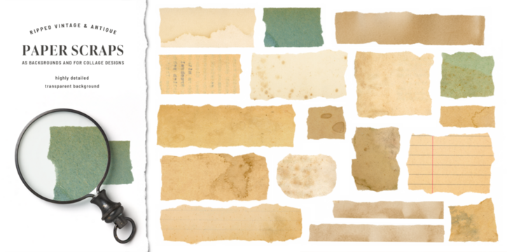 set / collection of vintage and antique stained ripped paper scraps or pieces isolated against a transparent background, ideal for digital collage designs or base for text, grungy design elements, PNG