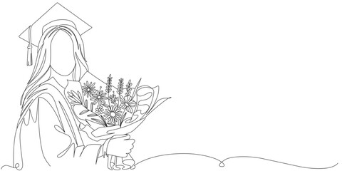 Line art vector illustration of a graduation girl with a bouquet of flowers, graduation line art style vector illustration
