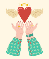 A flying heart with angel wings in hands. Heart in female hands. Design of element for greeting card, invitation, print, sticker. Illustration for valentine's day.