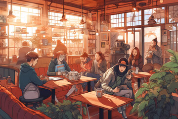 Fototapeta na wymiar Hand-drawn illustration of a cozy coffee shop scene with diverse patrons