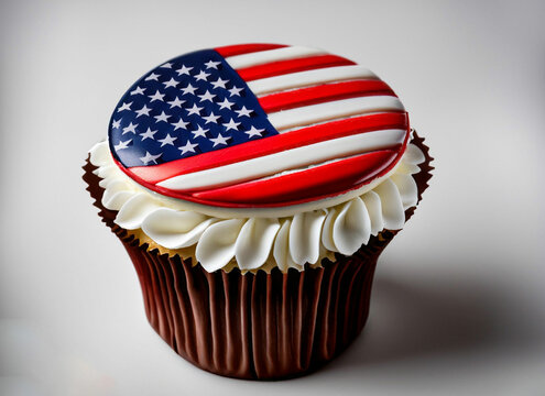 Cupcakes with red-white-and-blue frosting and American flags on . Happy Fourth of July celebration cake. ai Generative

