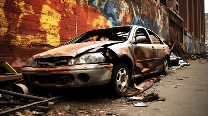 Damaged automobile, crashed after a car accident