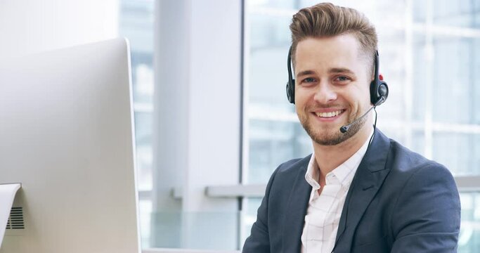 Call center, happy man and face of consultant at computer for customer service, technical support and crm consulting. Portrait, agent and salesman for telemarketing at help desk, advice or contact us