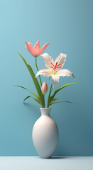 Obraz premium Simple elegant vase with Lily (Lilium) flower isolated on blue background with copy space, illustration created with Generative AI technology