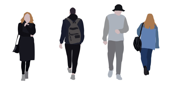 Set of drawings of people on the street in spring clothes. 2D image for use as an entourage. Vector flat city infographics.