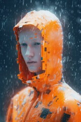 Futuristic portrait of a cybernetic human in orange clothes