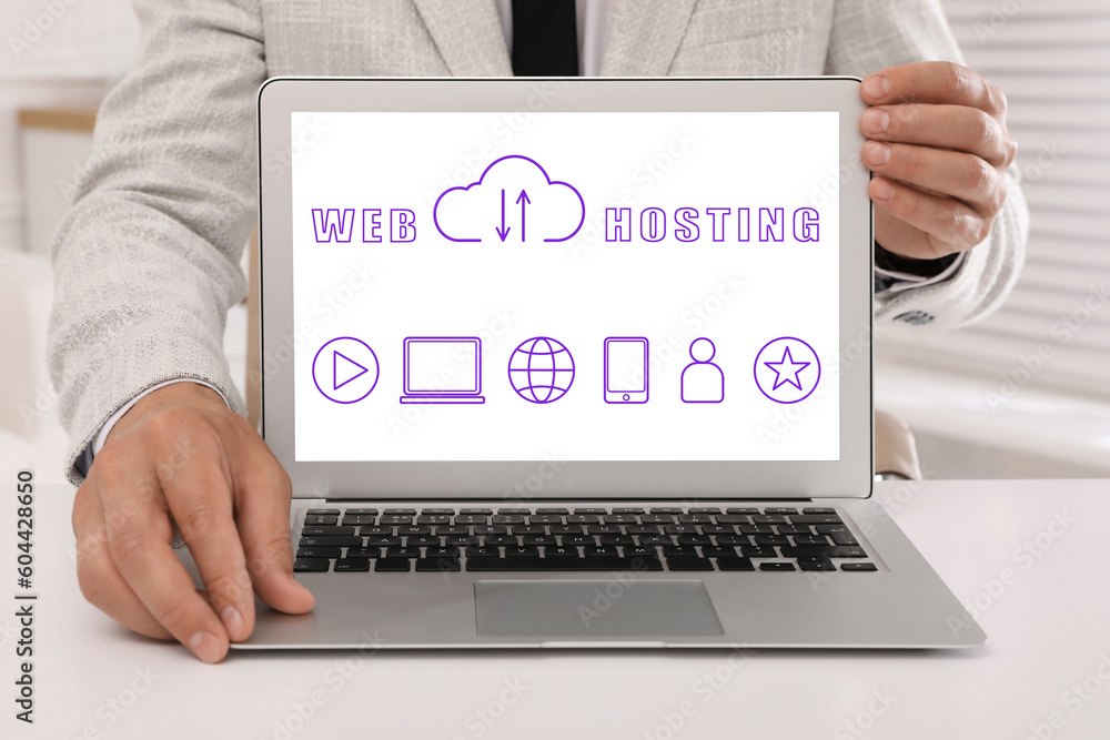 Poster web hosting. man showing laptop at table, closeup. digital cloud with arrows, text and icons on scre