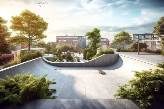 AI Generated Hyperrealism skatepark view with garden in the city background