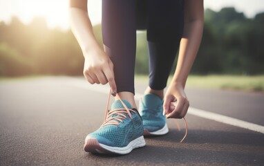 Close up shoes female runner tying her shoes for a jogging exercise, Generative AI