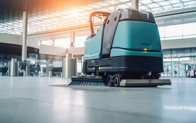 Fototapeta premium Close-up sweeper machine cleaning. Concept clean airport from debris, Generative AI