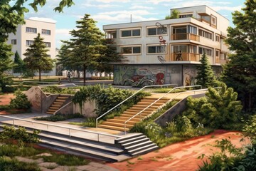 AI Generated Hyperrealism skatepark view with garden in the city background