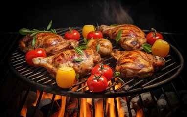 Grilled chicken legs on the flaming grill with grilled vegetables with tomatoes, potatoes, pepper seeds, salt, Generative AI