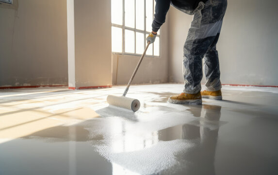 Master With Needle Roller For New Screed Concrete With Self Leveling Cement Mortar For Floors. Concept Building Renovation Home, Generative AI