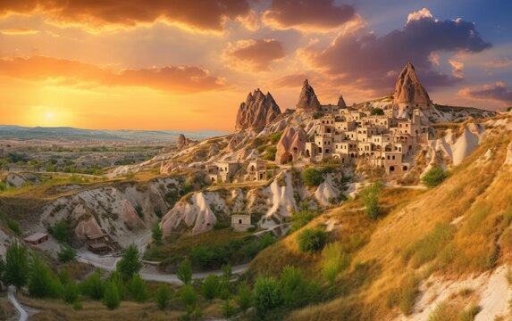 Ancient town of Uchisar castle at sunset Landscape Goreme national park, Cappadocia Turkey, Generative AI