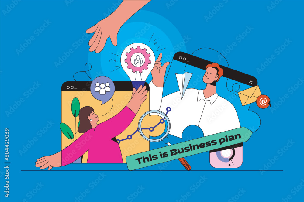 Leinwandbilder business planning web concept with character scene. colleagues team working, brainstorming, creating