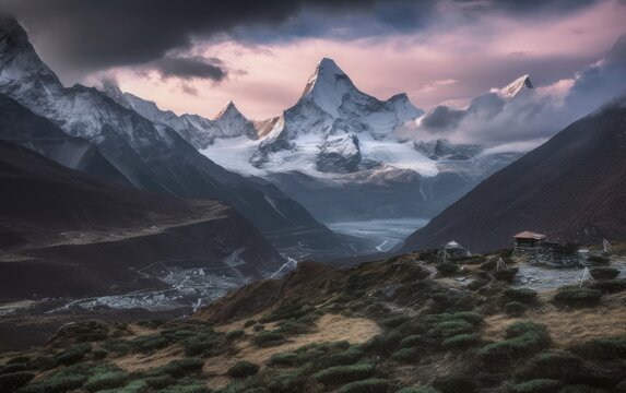 View of Ama Dablam over Solukhumbu valley , Himalayas Nepal, Generative AI