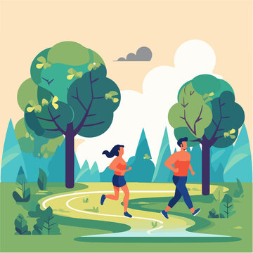 An illustration depicts a couple running together in a park. The scene features a flat vector landscape with green trees, a jogging path, and two energetic runners. It symbolizes a healthy lifestyle a