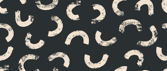 Hand Drawn Irregular Geometric Seamless Vector Pattern. Brush Light Beige Semi Circles Isolated on a Pale Black Background. Abstract Repeatable Design with Ivory Arcs on a Black Layout. 