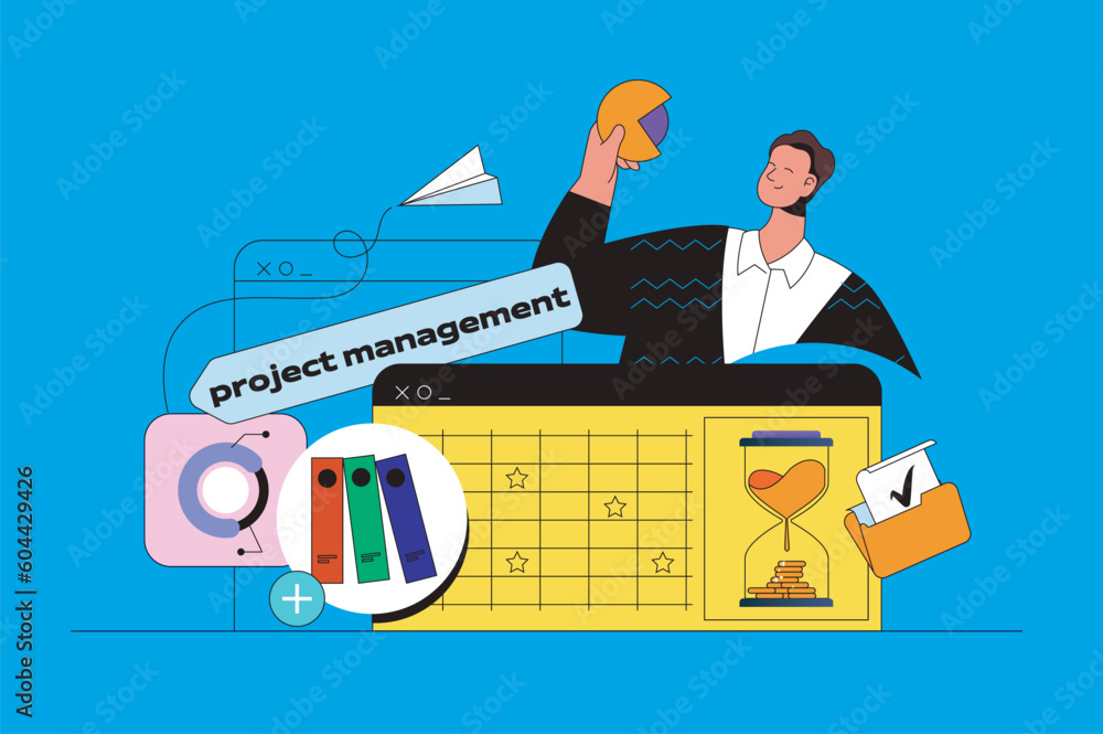Fototapete Project management web concept with character scene. Manager schedules tasks and deadlines, brainstorms and using calendar. People situation in flat design. Vector illustration for marketing material.
