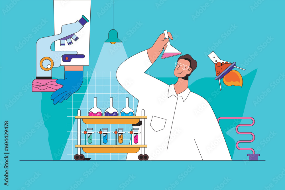 Poster Science laboratory web concept with character scene. Scientist making chemical reaction in flasks and monitoring process. People situation in flat design. Vector illustration for marketing material.
