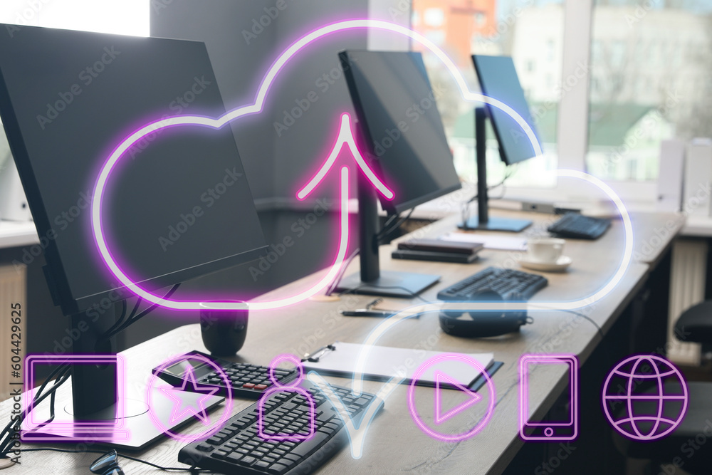 Poster web hosting. digital neon cloud with icons and office with computers on background
