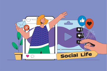 Social media web concept with character scene. Woman making new post with photo, sharing links with friends, gets messages. People situation in flat design. Vector illustration for marketing material.