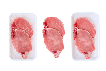 Different types of mockup of packaging with pork meat isolated on white background - 604429650
