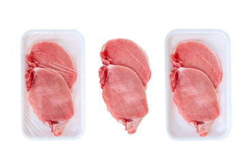Different types of mockup of packaging with pork meat isolated on white background