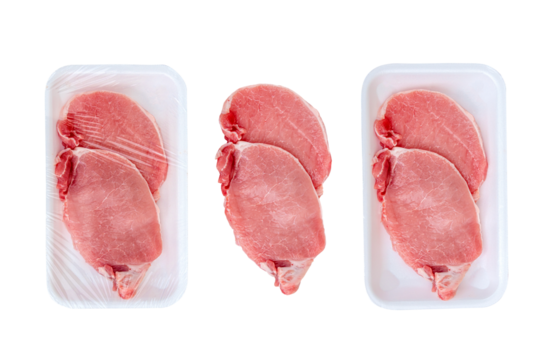 Different types of mockup of packaging with pork meat isolated on white background