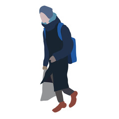Obraz na płótnie Canvas The girl is walking down the street in winter clothes. Vector flat city infographics. 