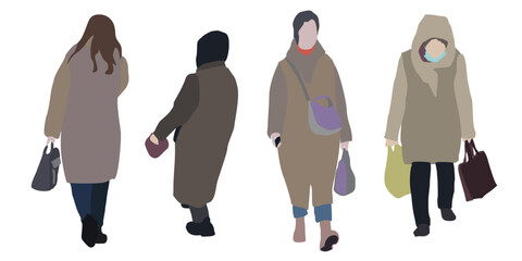 Set of drawings of people on the street in winter clothes. 2D image for use as an entourage. Vector flat city infographics.