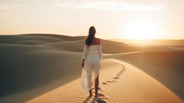 young woman from behind walking in sand dunes by sunset