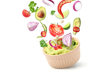 Delicious guacamole with flying ingredients on white background